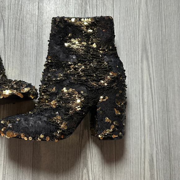 NEW STEVE MADDEN Georgia Ankle Boots 5.5 Reversible Sequin Gold Black Block Heel - Picture 4 of 9